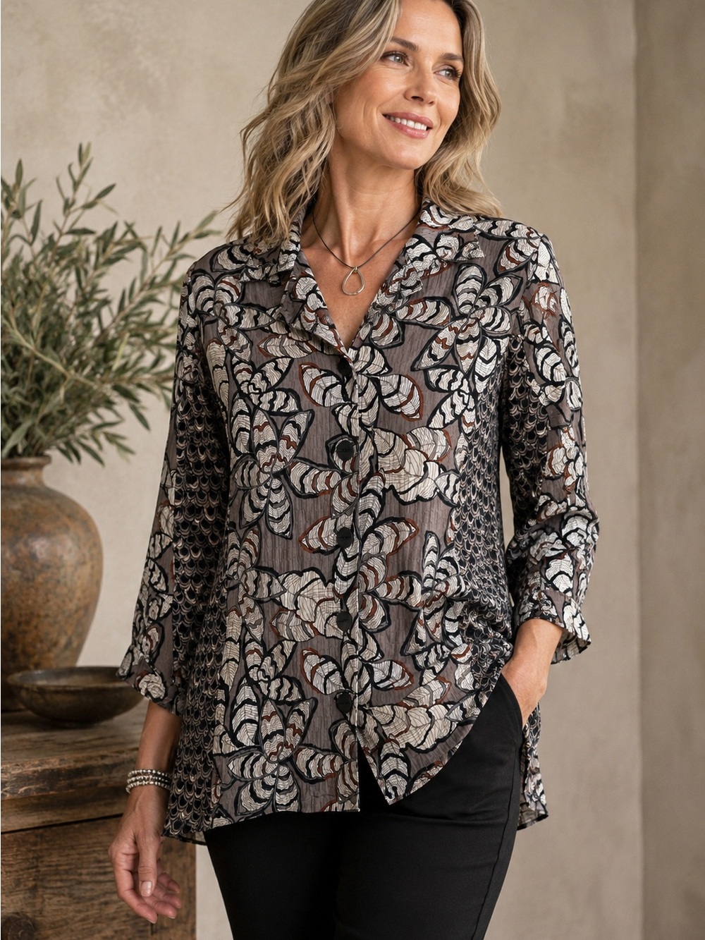 Habitat Rustling Leaves Princess Seam Button Front Shirt XL Artsy Abstract